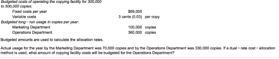 Budgeted costs of operating the copying facility for 300,000 to 500,000 copies: $69,000 Fixed costs per year 3 cents (0.03) p