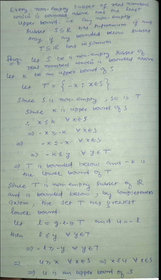 Every min- empty Subser of am Lone4 ts bounded above has tal least Lu tで 27 the loves bound T 2 and is bouncted be ow ) laa c