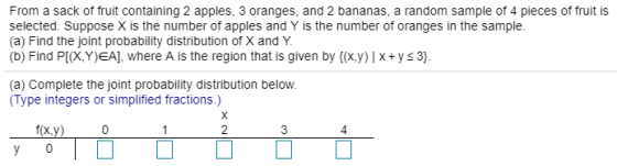 From a sack of fruit containing 2 apples, 3 oranges, and 2 bananas, a random sample of 4 pieces of fruit is selected. Suppose
