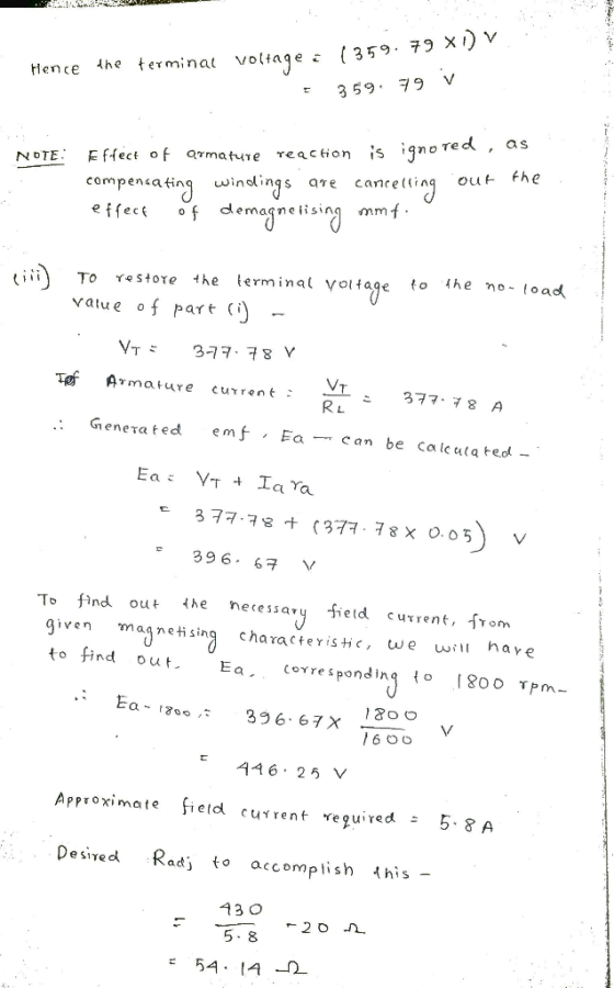 Hence the terminat vottage (359. 7 X1 as , Nore: Effect。f amnatue reaction is ign compeniatin winolings are canceltinq out f