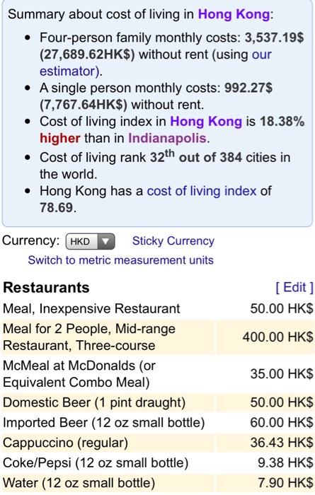 Summary about cost of living in Hong Kong: Four-person family monthly costs: 3,537.19$ (27,689.62HK$) without rent (using our