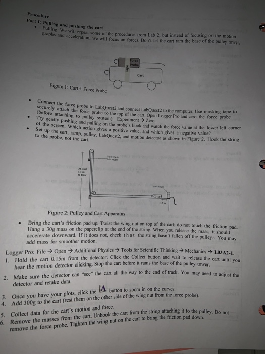 Procedure Part I: Pulling and pushing the cart Pulling: We will repeat some of the procedures from Lab 2, but instead of focu