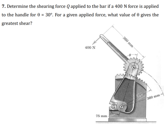 7. Determine the shearing force Q applied to the bar if a 400 N force is applied to the handle for θ-30% For a given applied