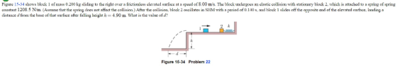 Figure 15-34 shows block 1 of mass 0.200 kg sliding to the right over a frictionless elevated surface at a speed of 8.00 m/s.