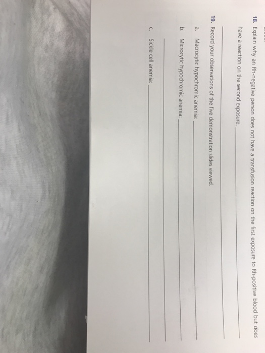18. Explain why an Rh-negative person does not have a transfusion reaction on the first exposure to Rh-positive blood but does have a reaction on the second exposure. 19. Record your observations of the five demonstration slides viewed. a. Macrocytic hypochromic anemia: b. Microcytic hypochromic anemia: C. Sickle cell anemia: