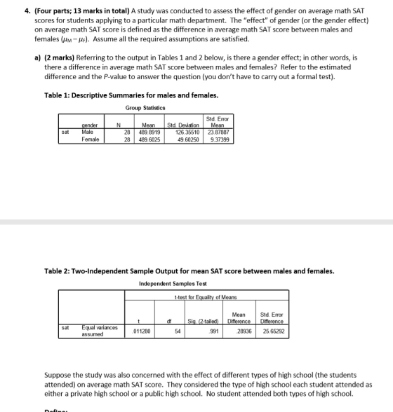 4. (Four parts; 13 marks in total) A study was conducted to assess the effect of gender on average math SAT scores for studen