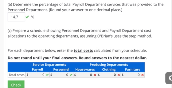 (b) Determine the percentage of total Payroll Department services that was provided to the Personnel Department. (Round your