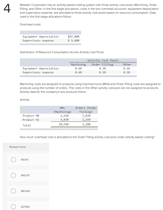 Meester Corporation has an activity-based costing system with three activity cost pools--Machining, Order Filling, and Other.