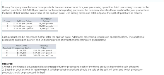 Dorsey Company manufactures three products from a common input in a joint processing operation. Joint processing costs up to