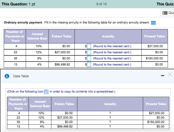 This Question: 1 pt 9 of 10 This Quiz Que Ordinary annuity payment. Fill in the missing annuity in the following table for an