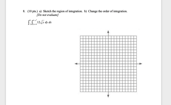 8. (10 pts.) a) Sketch the region of integration. b) Change the order of integration. [Do not evaluate] SS* 127y dy dx