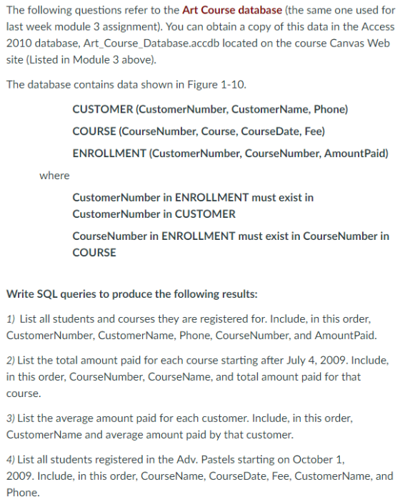 The following questions refer to the Art Course database (the same one used for last week module 3 assignment). You can obtain a copy of this data in the Access 2010 database, Art_Course_Database.accdb located on the course Canvas Web site (Listed in Module 3 above). The database contains data shown in Figure 1-10. CUSTOMER (CustomerNumber, CustomerName, Phone) COURSE (CourseNumber, Course, CourseDate, Fee) ENROLLMENT (CustomerNumber, CourseNumber, AmountPaid) wher CustomerNumber in ENROLLMENT must exist in CustomerNumber in CUSTOMER CourseNumber in ENROLLMENT must exist in CourseNumber in Write SQL queries to produce the following results 1) List all students and courses they are registered for. Include, in this order, CustomerNumber, CustomerName, Phone, CourseNumber, and AmountPaid 2) List the total amount paid for each course starting after July 4, 2009. Include in this order, CourseNumber, CourseName, and total amount paid for that course 3) List the average amount paid for each customer. Include, in this order, CustomerName and average amount paid by that customer 4) List all students registered in the Adv. Pastels starting on October 1, 2009. Include, in this order, CourseName, CourseDate, Fee, CustomerName, and Phone