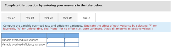 Complete this question by entering your answers in the tabs below. Req 2B Req 1A Req 1B Req 2A Req 3 Compute the variable ove