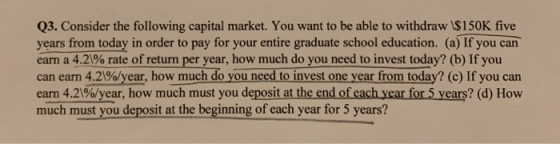 Q3. Consider the following capital market. You want to be able to withdraw 1$150K five years from today in order to pay for your entire graduate school education. (a) If you can earn a 4.29% rate ofreturnper year, how much do you need to invest today? (b) If you can earn 4.21%olyear, how much do you need to invest one year from today? (c) If you can earn 4.2%/year, how much must you deposit at the end of each year for 5 years? (d) How much must you deposit at the beginning of each year for 5 years?