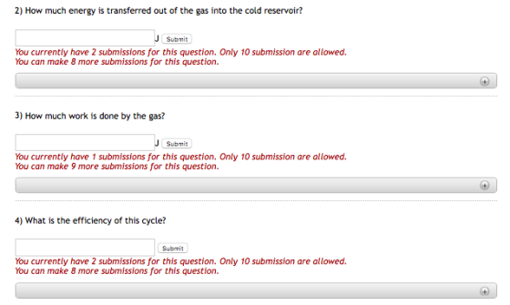 2) How much energy is transferred out of the gas into the cold reservoir? Submit You currently have 2 submissions for this qu