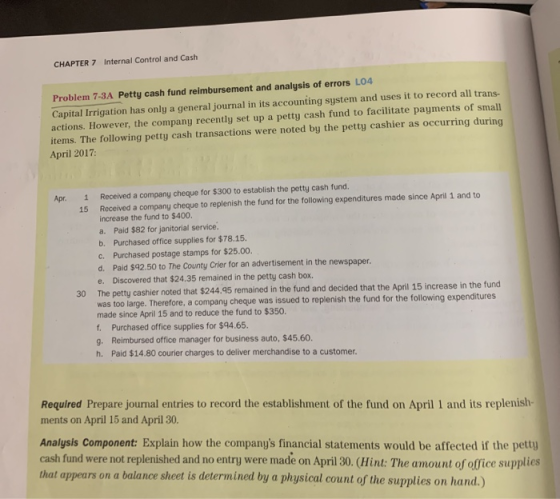 CHAPTER 7 Internal Control and Cash Problem 7-3A Petty cash fund reimbursement and analysis of errors L04 Capital Irrigation