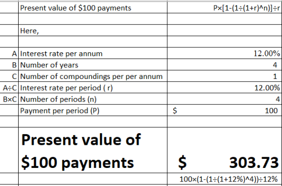 Present value of $100 payments Px[1-(1=(1+r)^n)]=r Here, 12.00% A Interest rate per annum B Number of years c Number of compo