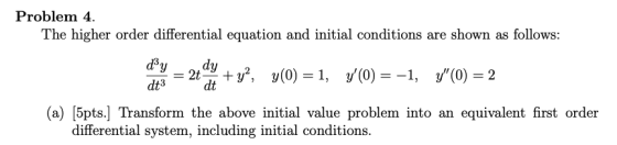 Problem 4. The higher order differential equation and initial conditions are shown as follows: = dy dy +y?, y(0) = 1, y(0) =