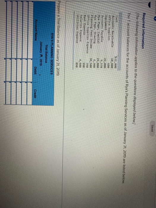 Required information (the following information applies to the questions displayed below.) The T account balances for the acc