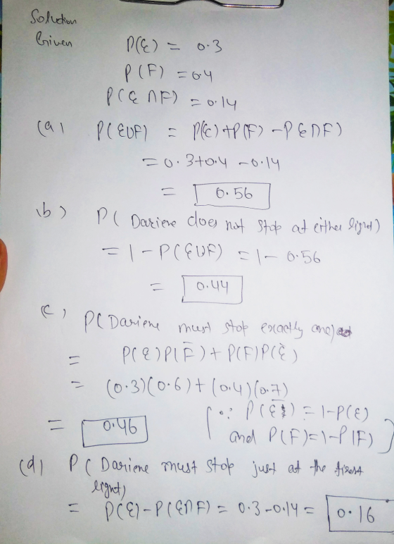 Solution Given al PCE) = 0.3 P (F) =64 PlanF) = 0.14 PLEUF) = N(CC) AP (F) -PEDF) F03+0.4 -0.14 0.56 P ( Dariene does not sto