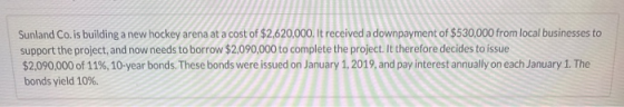 Sunland Co. is building a new hockey arena at a cost of $2,620,000. It received a downpayment of $530,000 from local business