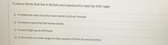 Cuckoos (birds that live in Britain and mainland Europe) lay their eggs: In elaborate nests that the males build to attract f