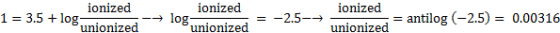 ionized 1 = 3.5 + log unionized log, ionized unionized -2.5-→ ionized unionized antilog (-2.5) = 0.00316