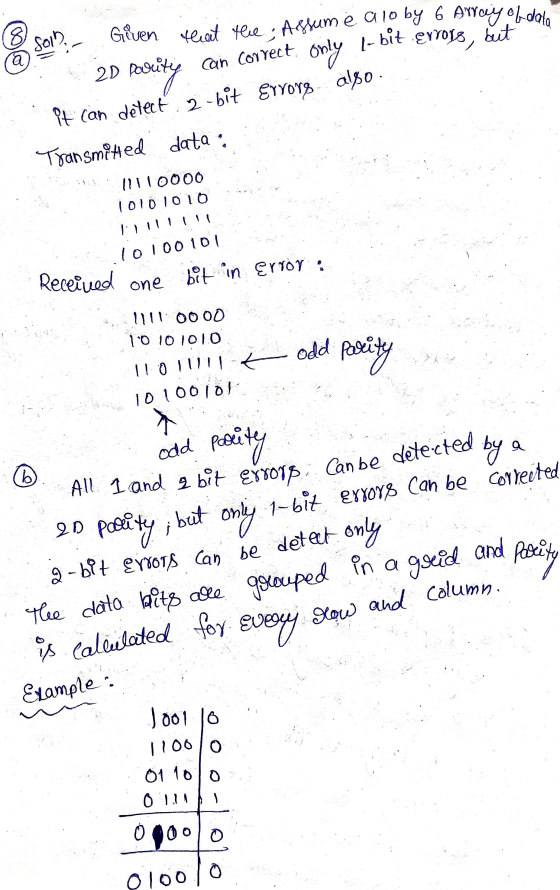 8 Soin a. can correct only l-bit 2D pas Parity Transmitted data: llllO000 10101010 illi! Given that the Assume a lo by 6 Arra
