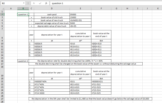 X fic question 1 А в с F G H I J K question 11 cash paid 35000 book value of old truck 15000 book value of new truck =SUM(E2: