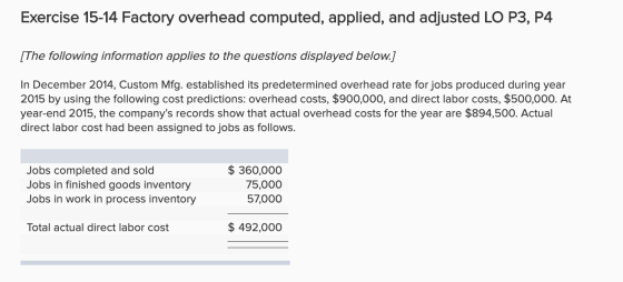 Exercise 15-14 Factory overhead computed, applied, and adjusted LO P3, P4 [The following information applies to the questions