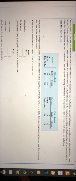 that the speed and defensive skills are virtually identical for the two players, and that the final decision will be based on which of each players batting performance in their junior and senior years of high school are as follows: player has the best batting average. C Emily Janson Alison Fealey Junier Senior No Hit 130 with three places after the decimal.