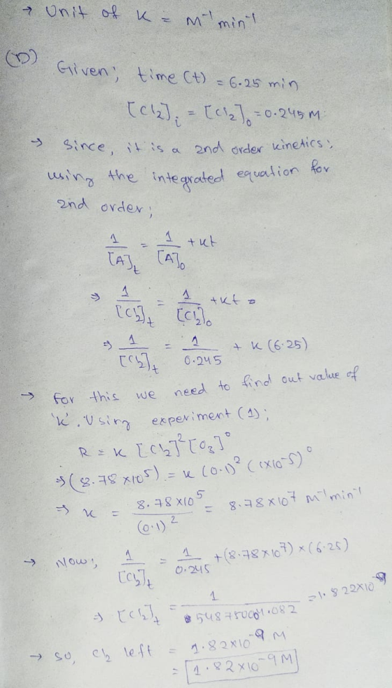 Unit of K = mimint (0) Given, time (t) = 6.25 min [C12]; = [c/2) = 0.245 m. since it is a and order kinetics, using the integ