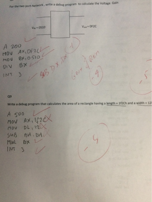 For the two port-Network, write a debug program to calculate the Voltage Gain Vs 0510 OF2C A 200 MOV AX、DF21レ/ 1 INT 3 09 Wri