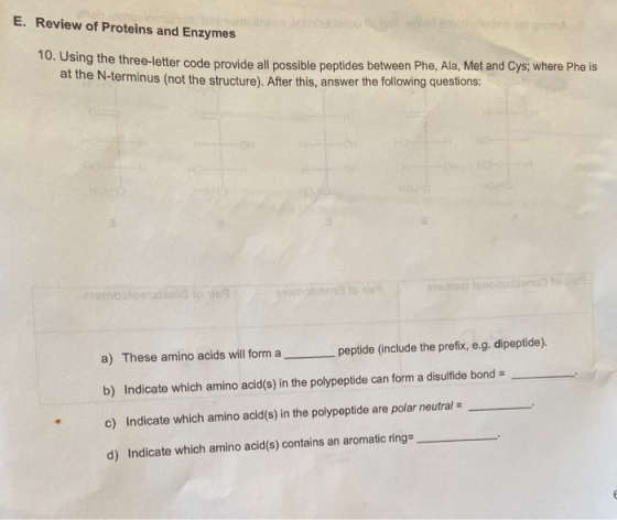 E. Review of Proteins and Enzymes wollenboom 10. Using the three-letter code provide all possible peptides between Phe, Ala,