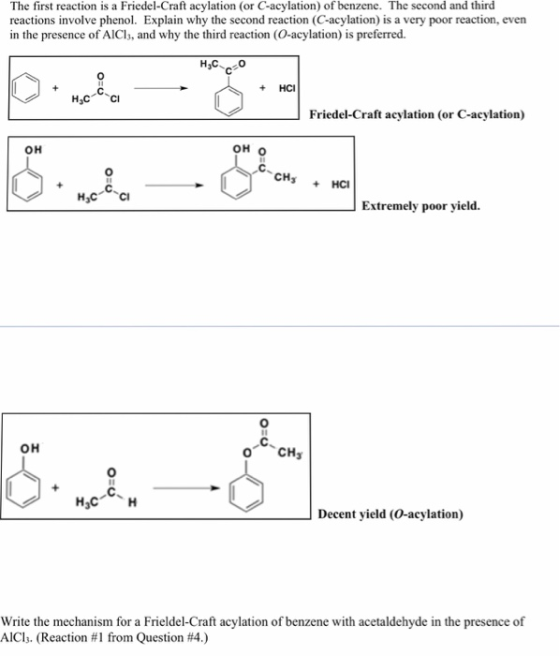 The first reaction is a Friedel-Craft acylation (or C-acylation) of benzene. The second and third reactions involve phenol. E