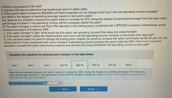 1. What is the products CM ratio? 2. Use the CM ratio to determine the break-even point in dollar sales. 3. If this years s