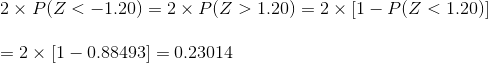 \\2\times P(Z<-1.20)=2\times P(Z>1.20)=2\times [1-P(Z<1.20)]\\ \\ =2\times [1-0.88493]=0.23014