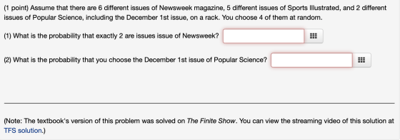 (1 point) Assume that there are 6 different issues of Newsweek magazine, 5 different issues of Sports Illustrated, and 2 diff