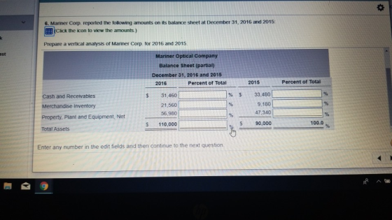 6. Mariner Corp. reported the following amounts on its balance sheet at December 31, 2016 and 2015. Click the icon to view th