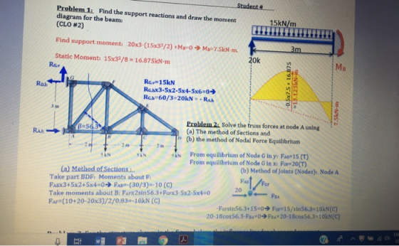 Problem 1: Find the support reactions and draw the moment diagram for the beam: (CLO #2) 15kN/m Find support moment: 20x3-(15x3/2)+M-Mp-7.5kN-m. Static Moment: 15x3/8-16.875kN-m Ok MB Ra Rcv 15kN Rehx3-5x2-5x4-5x6 0 RG.hz 60/3-20kN =-Rah Ro.b 3 in Problem 2 Solve the truss forces at node A using (a) The method of Sections and (b) the method of Nodal Force Equilibrium n N P From equilibrium of Node G in y: FAO 15 (T) S kN From equilibrium of Node G In x: For 20(T) (b) Method of Joints (Nodes), NodeA Take part BDF: Moments about F FaBx3+5x2+5x4-0FAB (30/3)-10 (C) Take moments about B: FaFx2sin56.3+Forx3-5x2-5x40 FAF (10+20-20x3)/2/0.83-18kN (C) 20F40 For FBA Forsin56.3+150 For-15/sin56.3-18kN (C) 20-18cos56.3-FRA 0FRA 20-18cos56.3 10kN(C)
