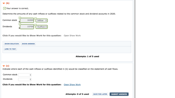 (b) Your answer is correct. Determine the amounts of any cash inflows or outflows related to the common stock and dividend ac