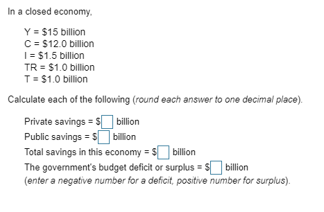 In a closed economy, Y = $15 billion C = $12.0 billion 1 = $1.5 billion TR = $1.0 billion T = $1.0 billion Calculate each of