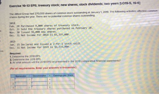 Exercise 19-13 EPS: treasury stock; new shares; stock dividends; two years [LO19-5, 19-6] The Alford Group had 270,000 shares