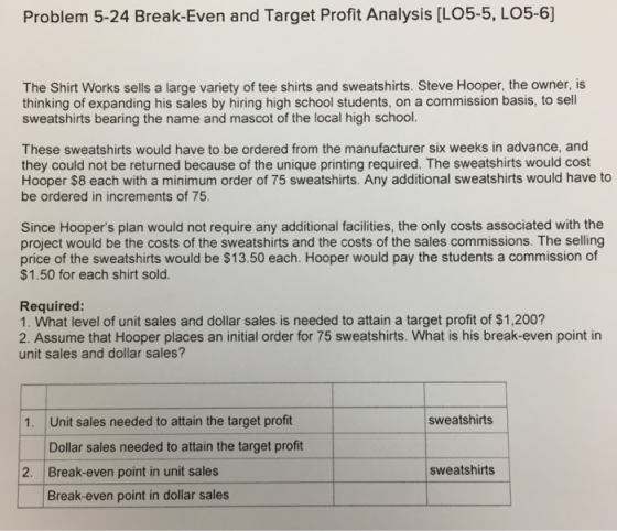 Problem 5-24 Break-Even and Target Profit Analysis [LO5-5, LO5-6] The Shirt Works sells a large variety of tee shirts and sweatshirts. Steve Hooper, the owner, is thinking of expanding his sales by hiring high school students, on a commission basis, to sell sweatshirts bearing the name and mascot of the local high school. These sweatshirts would have to be ordered from the manufacturer six weeks in advance, and they could not be returned because of the unique printing required. The sweatshirts would cost Hooper $8 each with a minimum order of 75 sweatshirts. Any additional sweatshirts would have to be ordered in increments of 75 Since Hoopers plan would not require any additional facilities, the only costs associated with the project would be the costs of the sweatshirts and the costs of the sales commissions. The selling price of the sweatshirts would be $13.50 each. Hooper would pay the students a commission of $1.50 for each shirt sold Required: 1. What level of unit sales and dollar sales is needed to attain a target profit of $1,200? 2. Assume that Hooper places an initial order for 75 sweatshirts. What is his break-even point in unit sales and dollar sales? 1. Unit sales needed to attain the target profit sweatshirts Dollar sales needed to attain the target profit 2. Break-even point in unit sales sweatshirts Break-even point in dollar sales