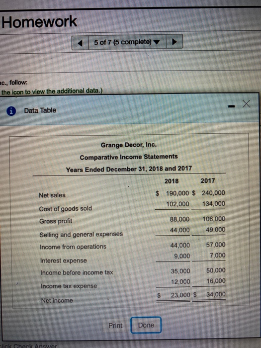 Homework 5 of 7 (5 complete) nc., follow: the icon to view the additional data.) x 0 Data Table Grange Decor, Inc. Comparativ