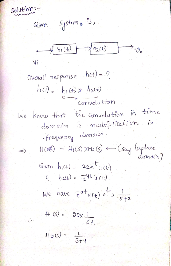 Solution :- SLAL Given system, is, hilt) hace) V. Vi hát) = ? is Overall res response hat= bi(t) * halt) convolution we know