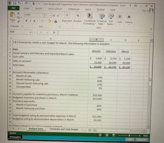 KUB . . HOME X FILE - 6 Sign In D alibri . Cash Budget with Supporting Cash Collections and Disbursements Schedules - Excel ?