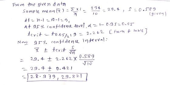 From the given dnto 2 25429.4, S0 S-0.sa9 Somple mean ()2xi givon ニ29.4-+ 2.262x - 29.4 + 0.42) -) 28.979, 29.821