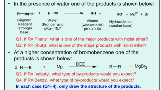 In the presence of water one of the products is shown below: R-Mg-Br + H-OH → RH + HO + Mg2+ + Br Grignard Water Alkane Hydro