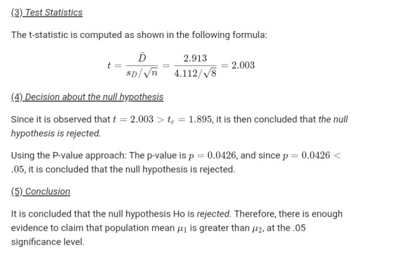 (3) Test Statistics The t-statistic is computed as shown in the following formula: 2.913 D/Vn 4.112/v6 2.003 (4) Decision abo